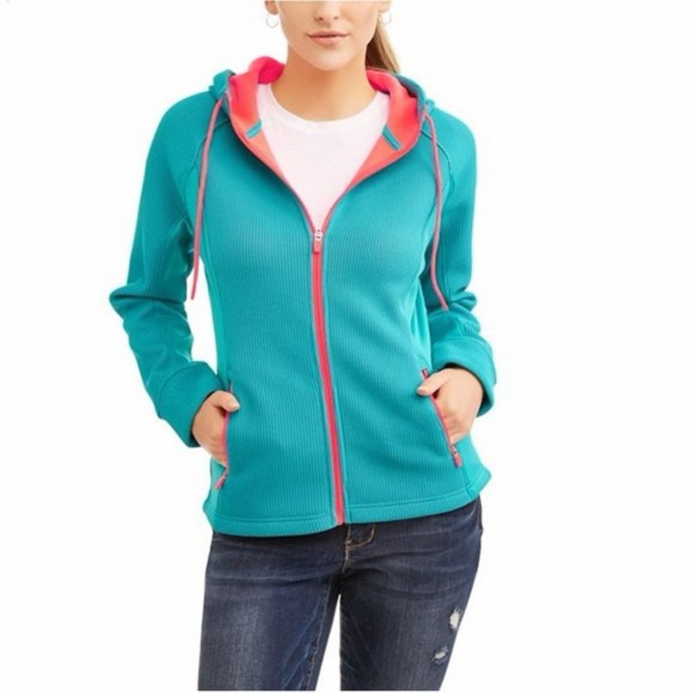 Swiss Tech Teal & Coral Waffle Knit Tech Fleece Full Zip Hoodie - Size Medium